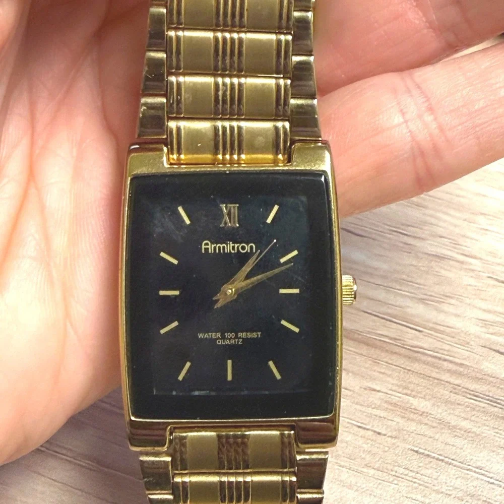 Vintage Armitron Gold Tone Rectangular Watch Quartz Water‎ Resist 100 Works!